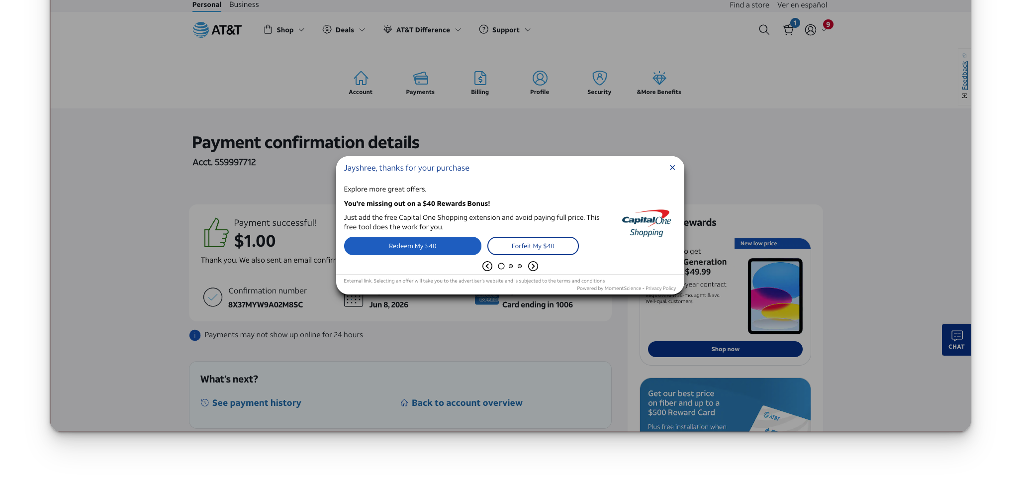 AT&T payment confirmation live