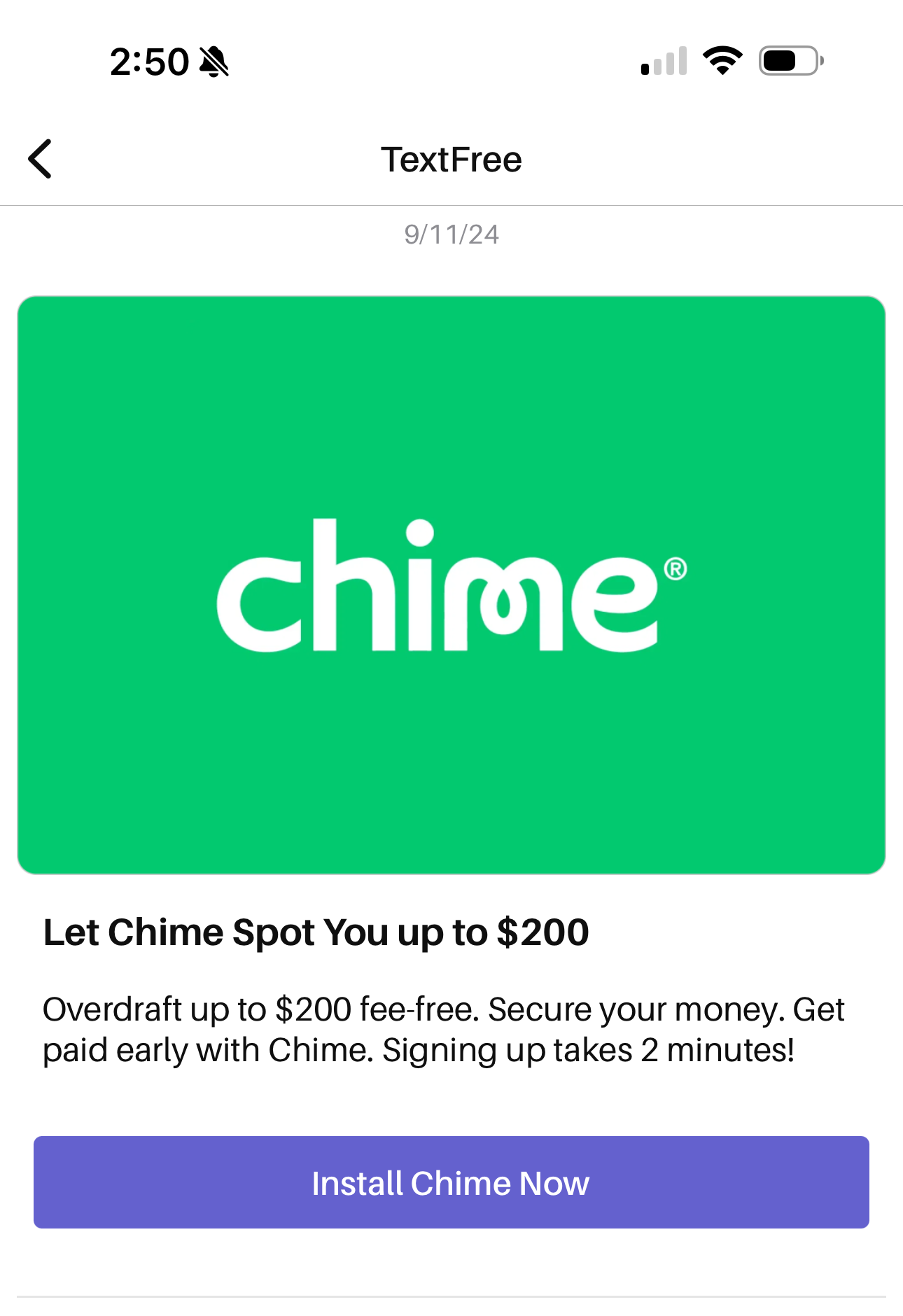 TextFree full-screen offer live