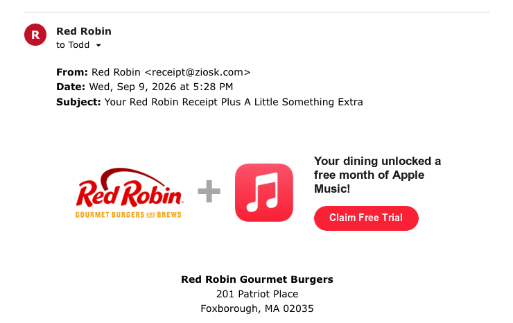 Ziosk email receipt offer concept demo