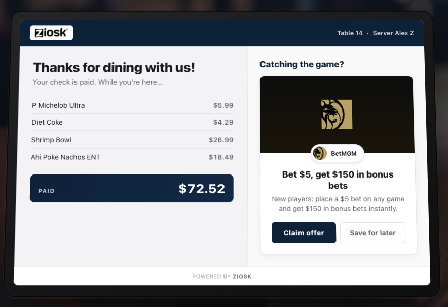 Ziosk table-side offer concept demo