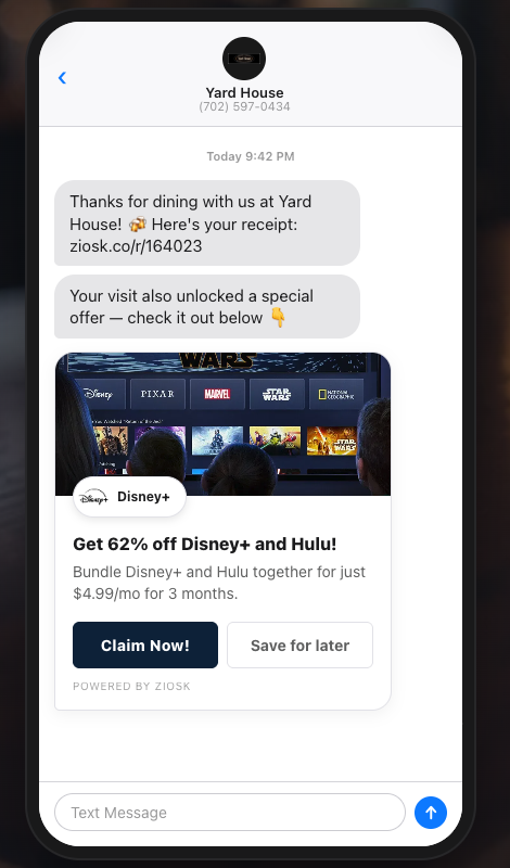 Ziosk SMS receipt offer concept demo
